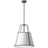 Luminaire suspendu Trapezoid de Dainolite avec abat-jour trapézoïde noir et blanc qui diffuse la lumière, tissu blanc et 3 ampoules