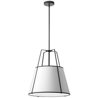 Luminaire suspendu Trapezoid de Dainolite avec abat-jour trapézoïde noir et blanc qui diffuse la lumière, tissu blanc et 3 ampoules
