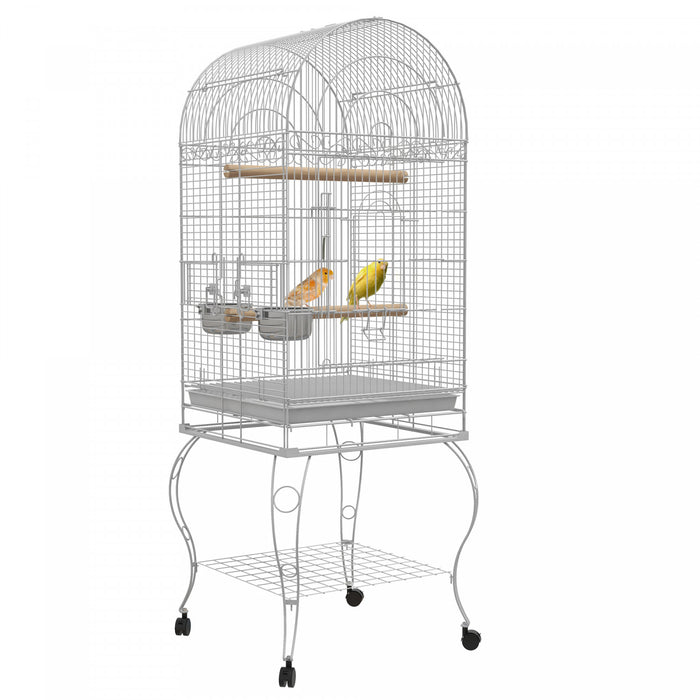 Pawhut Cage A Oiseaux A Dessus Ouvert De 60\" Pour Pinsons, Canaris, Perruches, Avec Support Roulant, Plateau Amovible, Etagere De Rangement