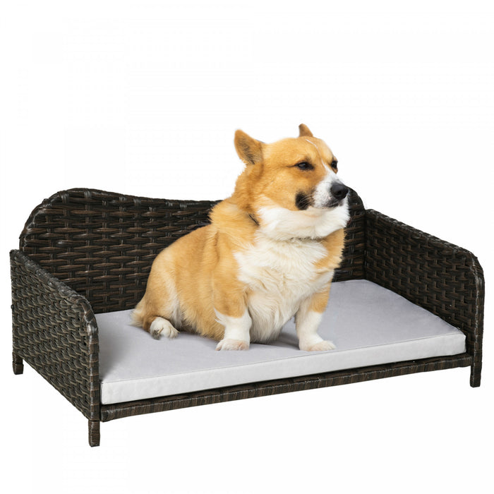 Pawhut Canape Pour Animaux En Rotin, Lit Sureleve En Osier Pour Chien, Canape Chien Chat, Coussin Doux Et Lavable Pour L'interieur Et L'exterieur, Pour Petits Et Moyens Chiens, Gris Clair
