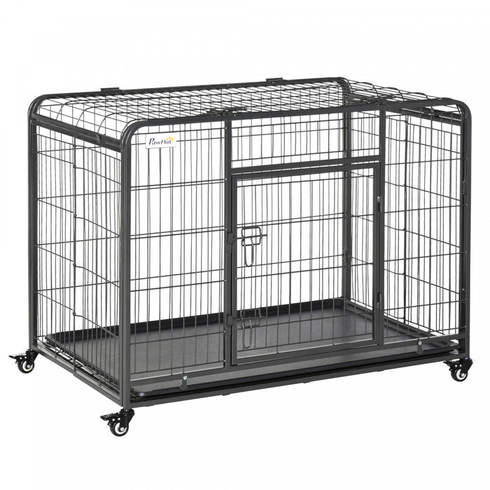Pawhut Cage Et Niche Pliable En Metal Robuste Pour Chien Avec Plateau Et Couvercle Amovibles Et 4 Roues Verrouillables, Interieur/exterieur 43\"