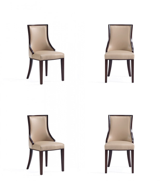 Grand fauteuil de salle a manger traditionnel en bois avec revetement en tissu beige - Lot de 4