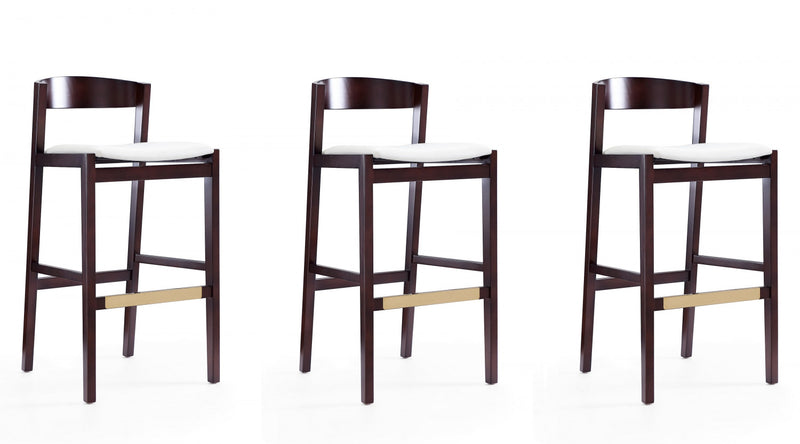 Tabouret de bar en bois rembourre ivoire style Klismos mi-siecle moderne - Lot de 3