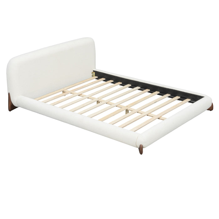 Cadre de lit plateforme Emma a profil bas avec tete de lit courbee et revetement en boucle, taille king, blanc creme