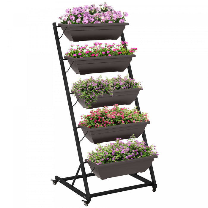 Outsunny Lit De Jardin Sureleve Vertical De 5 Niveaux Avec 5 Boites De Jardiniere, Roues, Support De Plante Exterieur Cultivent Le Conteneur Avec Des Trous De Fuite Pour Patio De Balcon, Brun