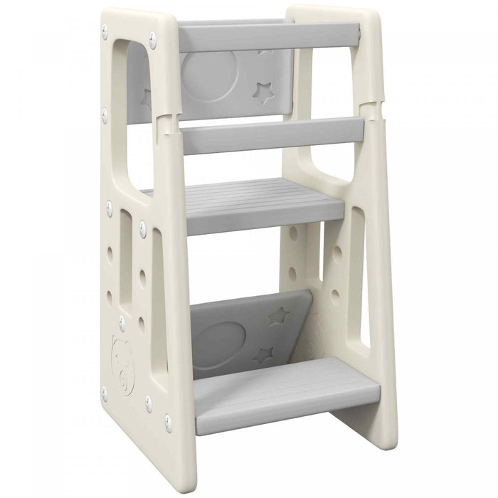 Qaba Tabouret A 2 Marches Pour Bambin Avec Plateforme A Hauteur Reglable Et Rail De Securite, Blanc Creme