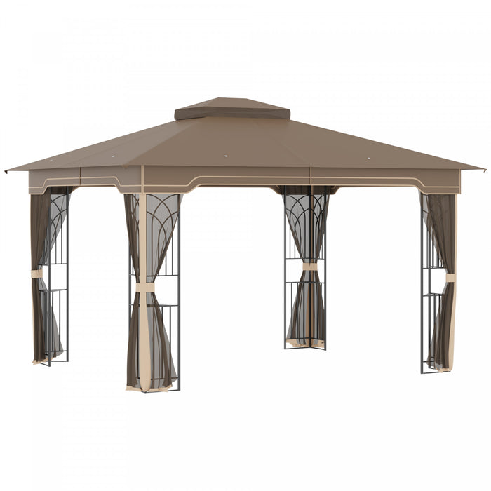Outsunny 12' X 10' Tonnelle Pavillon Jardin Patio Terrasse Gazebo Auvent Abri D'exterieur Avec Double Toit Moustiquaires Cadre En Metal Brun