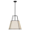 Luminaire suspendu Trapezoid de Dainolite avec abat-jour trapézoïde noir et crème qui diffuse la lumière, tissu blanc et 3 ampoules