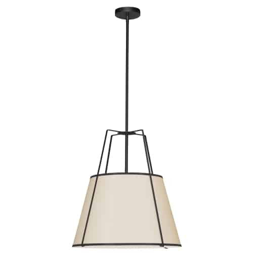 Luminaire suspendu Trapezoid de Dainolite avec abat-jour trapézoïde noir et crème qui diffuse la lumière, tissu blanc et 3 ampoules