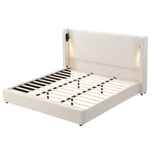 Lit Olivia Rembourre avec Tete de Lit Ailes et Ports USB, Taille King - Beige