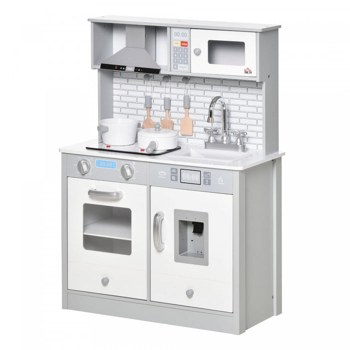 Qaba Cuisine Pour Enfants 3-6 Ans Dinette Jeu D'imitation Educatif Complet Nombreux Accessoires Effets Sonore Materiau En Mdf Robuste 23.5\" X 11.5\" X 33\" Gris Blanc