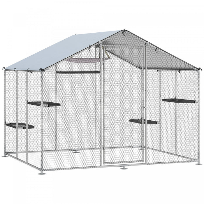 Grand enclos exterieur pour chats PawHut, cage spacieuse en acier galvanise avec toit impermeable, 5 plateformes ajustables, hamac, 240 cm L x 193 cm P x 195 cm H