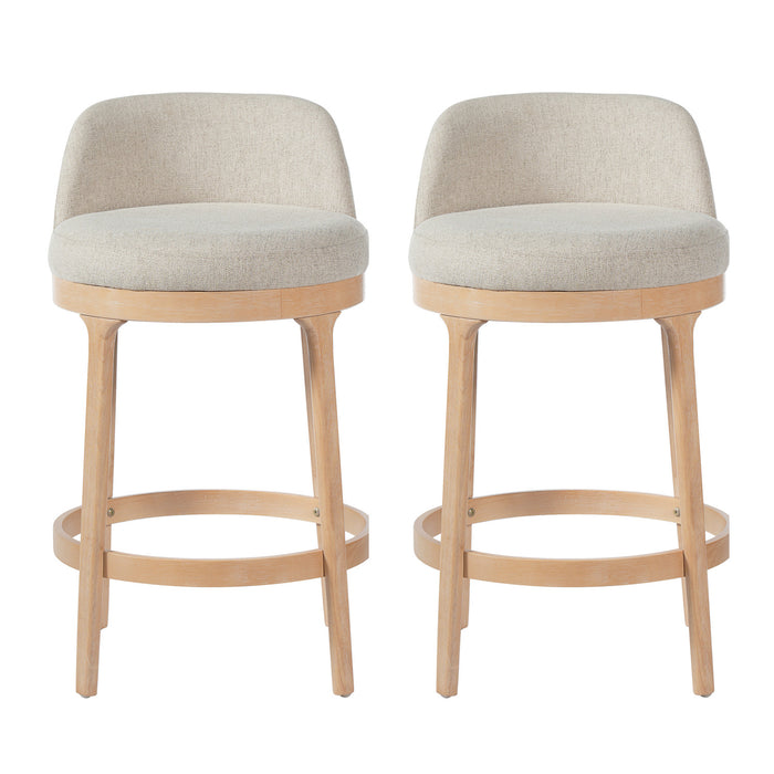 Amelia – Lot de 2 tabourets de bar de hauteur comptoir ergonomiques en bois d’hevea avec revetement en tissu, finition naturelle