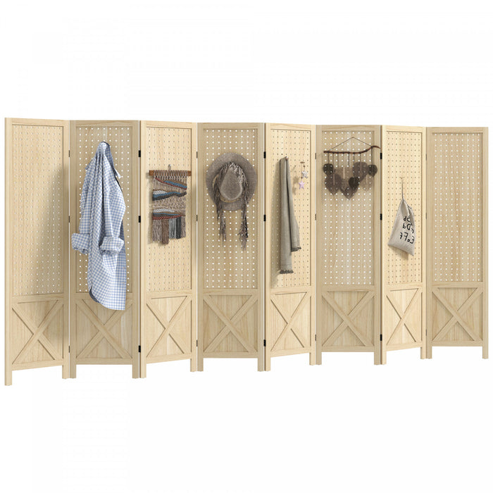 HOMCOM Paravent a 8 Panneaux avec Surface Perforee, Bois Naturel