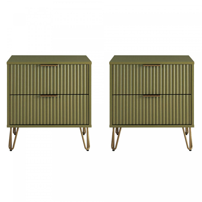 Table de nuit moderne Dumbo 20\" a cannelures, vert olive (2 tiroirs) – Lot de 2