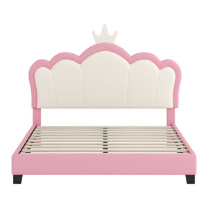 Lit Princesse Judson Tapisse Avec Tete De Lit En Forme De Couronne Et Cadre Plateforme En Pu, Taille Full, Rose
