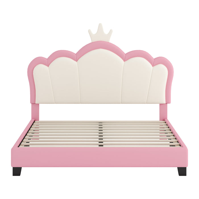 Lit Princesse Judson Tapisse Avec Tete De Lit En Forme De Couronne Et Cadre Plateforme En Pu, Taille Full, Rose