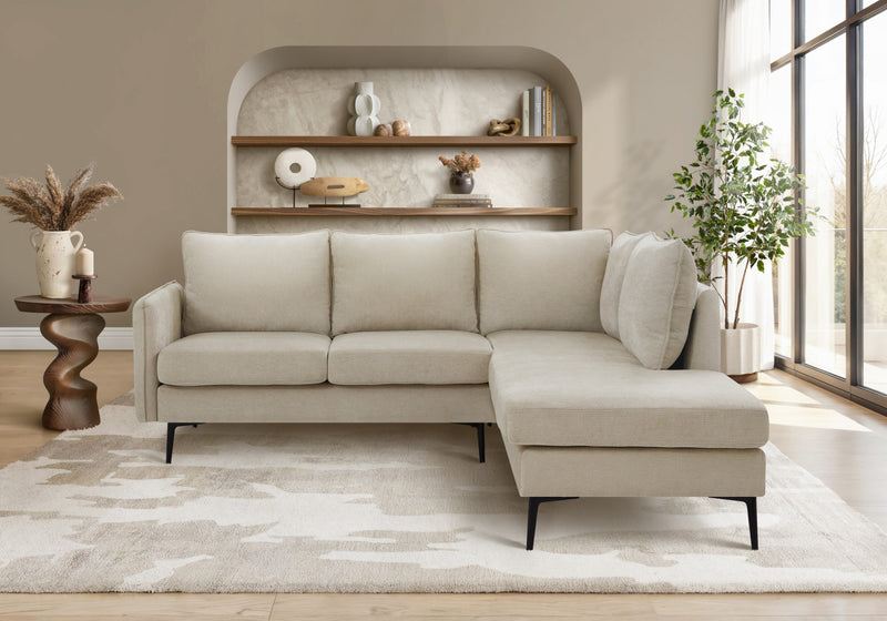 Sofa Sectionnel Rembourre, 85\" De Large, Tissu Beige, Pieds En Metal Noir