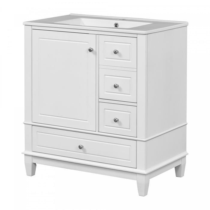 Emma Meuble-lavabo en bois massif de 30\" avec vasque en ceramique et porte a fermeture douce, Blanc