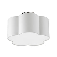 Petit plafonnier affleuré Phlox de Dainolite avec abat-jour blanc, fini chromé poli et 3 ampoules
