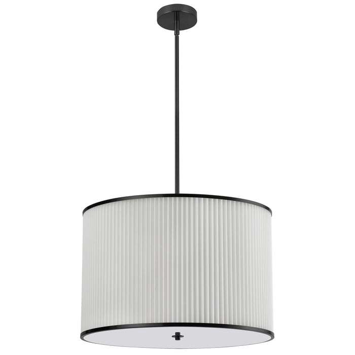 Luminaire suspendu Prudy de Dainolite avec abat-jour plissé blanc, fini noir mat et 4 ampoules
