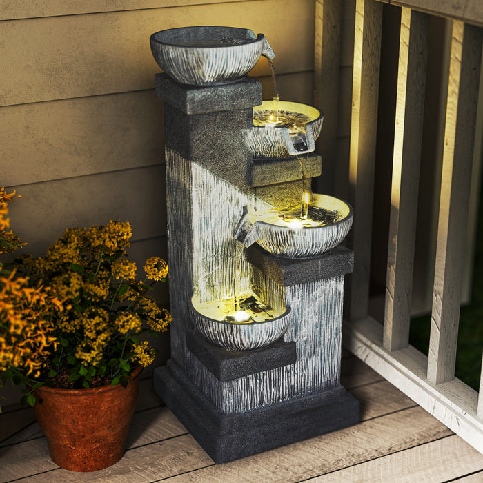 Outsunny Fontaine a Cascade Exterieure a 4 Niveaux 85 cm avec Lumieres LED et Pompe, Gris