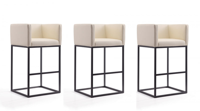 Tabouret de bar Embassy style milieu du siecle en metal et tissu creme - Lot de 3