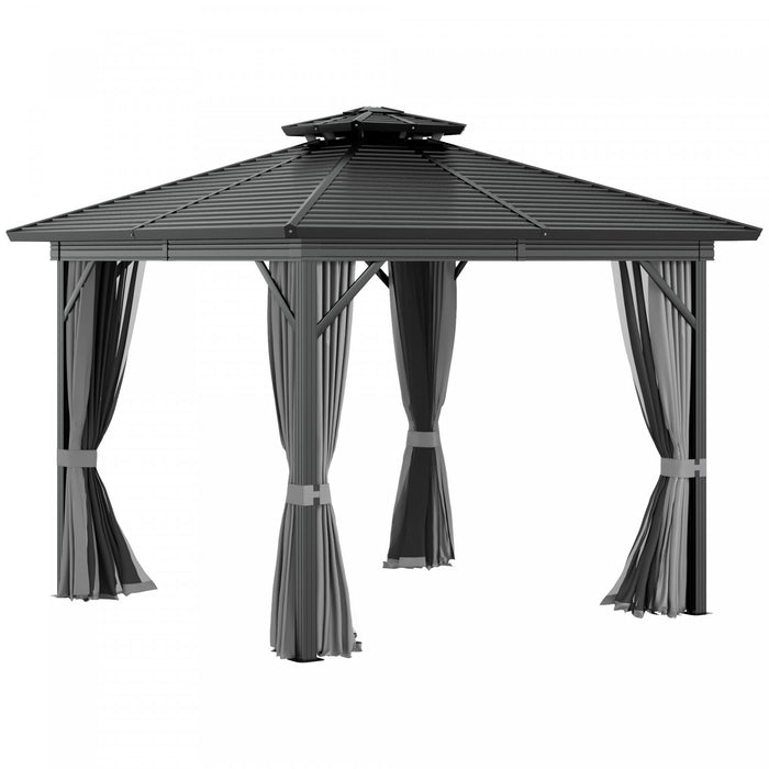 Outsunny 10' X 10' Tonnelle Acier Hardtop Gazebo Jardin Abri Soleil Avec Moustiquaire Et Rideaux Crochet De Suspension Cadre En Aluminium Noir