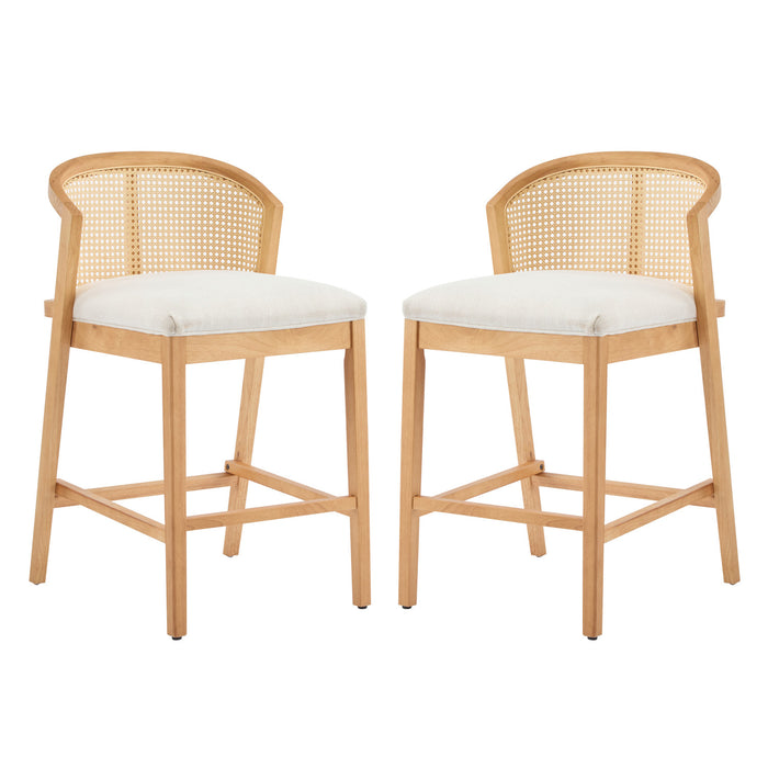 Tatti – Lot de 2 tabourets de comptoir en bois d’hevea avec dossier en cannage, couleur beige