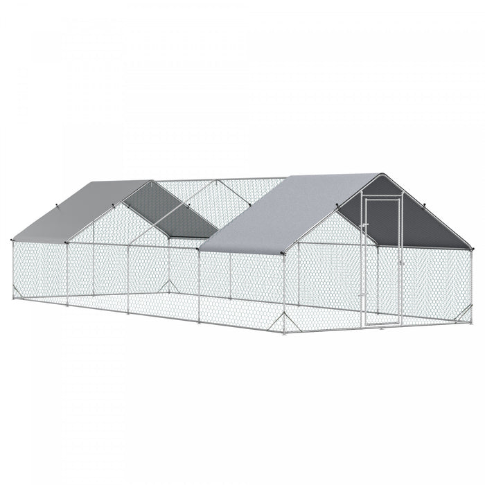 Pawhut Grand Poulailler En Metal Galvanise, Avec Couvercle, Pour L'exterieur De La Cour, De 9.8' X 26.2' X 6.5', Argente.