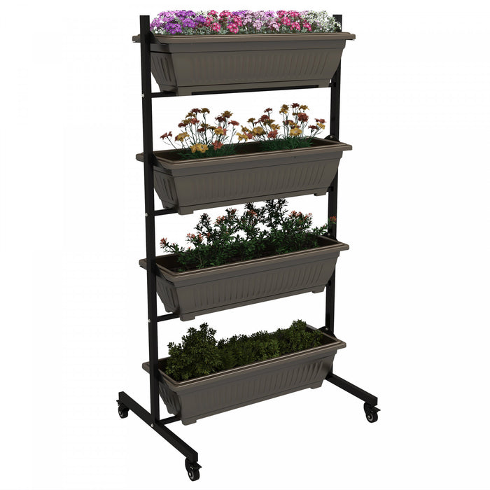 Outsunny Lit De Jardin Sureleve Vertical De 4 Niveaux Avec 4 Boites De Jardiniere, Roues, Support De Plante Exterieur Cultivent Le Conteneur Avec Des Trous De Fuite Pour Patio De Balcon, Brun