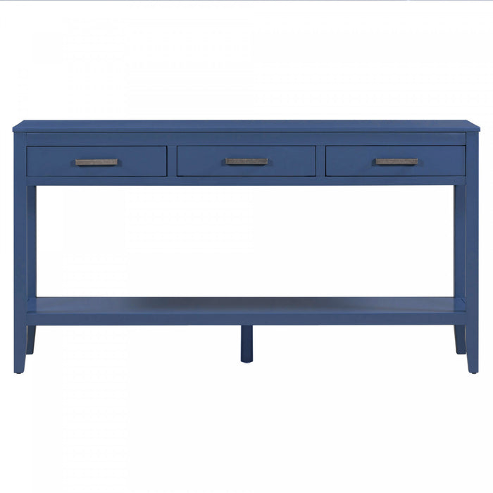 Table d'entree Emma 59,1'' de style ferme avec tiroirs et etagere ouverte, bleue