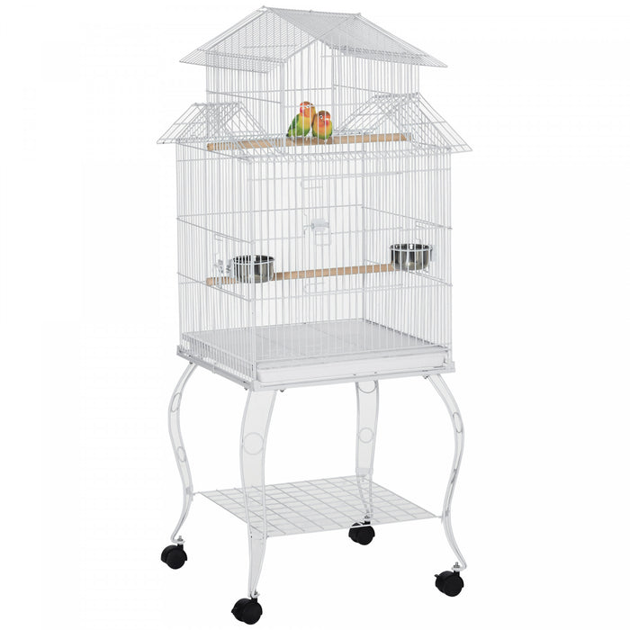 Pawhut Grande Cage A Oiseaux En Metal De 54'' Avec Support Roulant Detachable, Etagere De Rangement, Perchoir En Bois, Contenant A Nourriture, Blanc