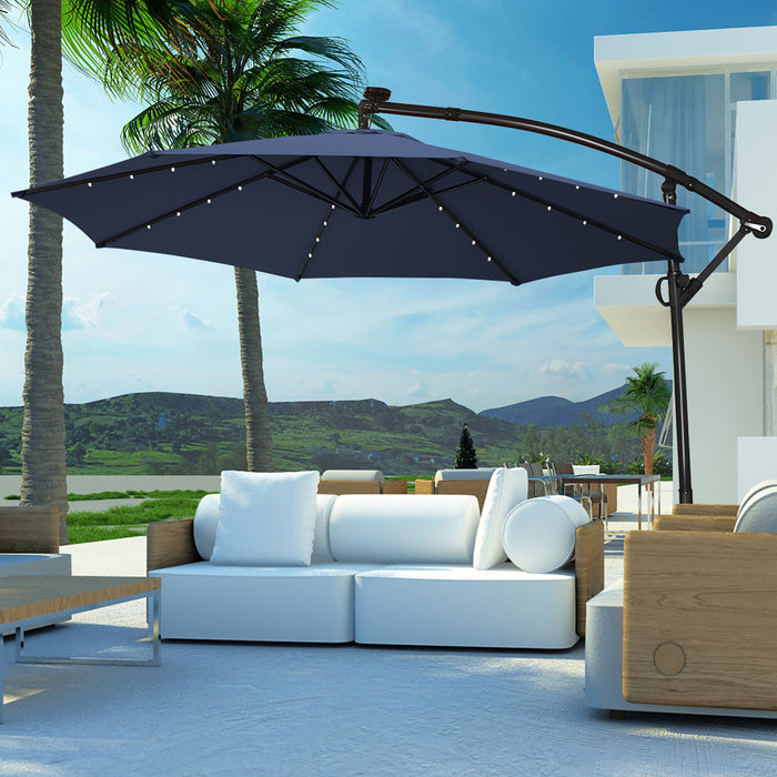 Costway Parasol deporte de patio de 10 pieds, alimente par energie solaire, LED, rotation a 360 degres, aluminium, bleu marine