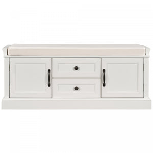 Banc De Rangement Boyce En Bois Massif Avec Meuble A Chaussures 4 Portes Et Coussin, Blanc