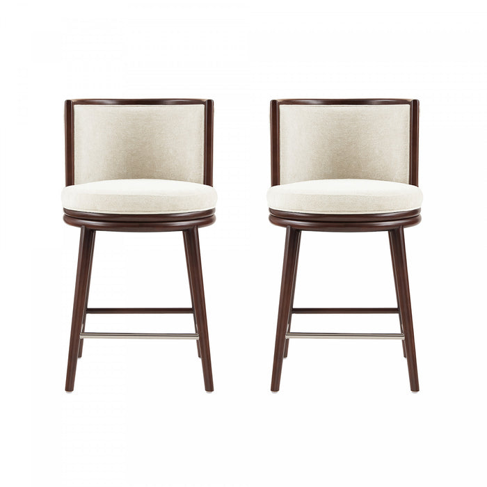 Tabouret de comptoir moderne en bois et tissu creme Evalyn - Lot de 2