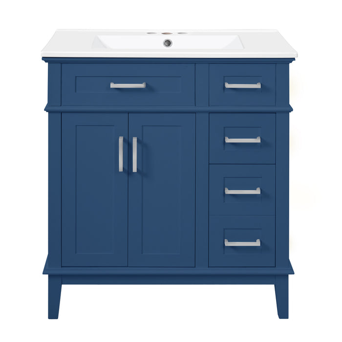 Savannah Meuble de salle de bain 30 pouces avec vasque en ceramique et armoire de rangement spacieux, Bleu marine