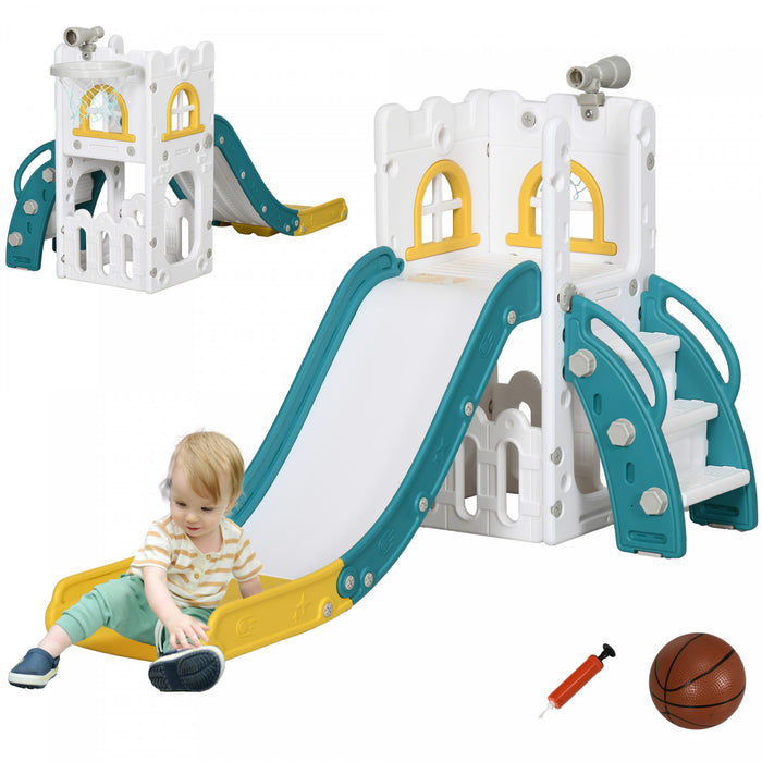 Qaba Toboggan 4 En 1 Pour Enfants Ages De 1 A 3 Ans Avec Panier De Basket, Grimpeur, Telescope, Panier De Rangement, Pour Usage Interieur, Jaune
