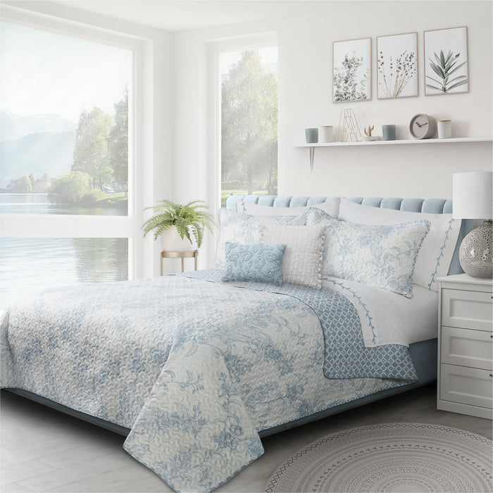 Ensemble de Courtepointe Reversible 3 Pieces pour Tres Grand Lit, Literie Florale Bleue et Blanche en Microfibre