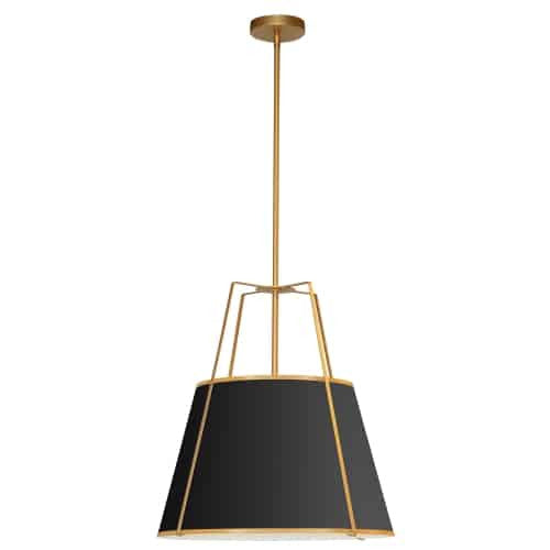 Luminaire suspendu Trapezoid de Dainolite avec abat-jour doré et noir qui diffuse la lumière, tissu blanc et 1 ampoule