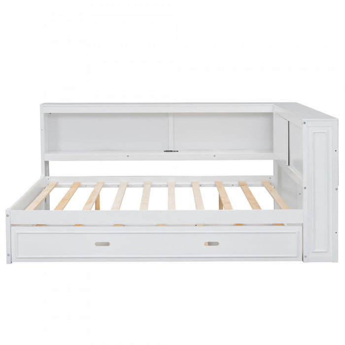 Diana – Lit De Jour Double En Bois Avec Etageres De Rangement, Ports Usb Et Eclairage Del, Blanc