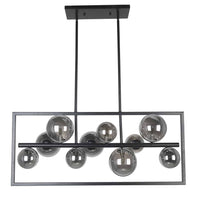 Luminaire suspendu horizontal Glasgow de Dainolite en verre fumé, avec cadre carré, fini noir mat et 10 ampoules