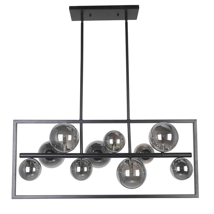 Luminaire suspendu horizontal Glasgow de Dainolite en verre fumé, avec cadre carré, fini noir mat et 10 ampoules