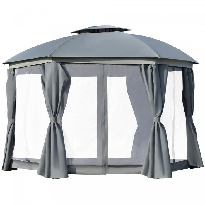 Outsunny Tonnelle Ronde De 12' X 12', Auvent De Terrasse En Forme De Dome Avec Double Toit, Parois Laterales En Filet Et Rideaux, Portes A Fermeture Eclair, Cadre En Acier Solide, Gris