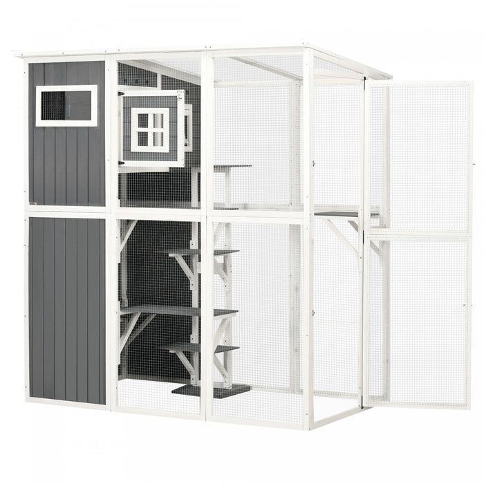 Pawhut Catio En Bois Pour Chat, 66,5\"l Cage Avec Toit De Protection Contre Les Intemperies En Pvc, Plusieurs Plates-formes, Portes Verrouillables, Condo De Repos, Fenetre D'observation, Pour 2 Chats