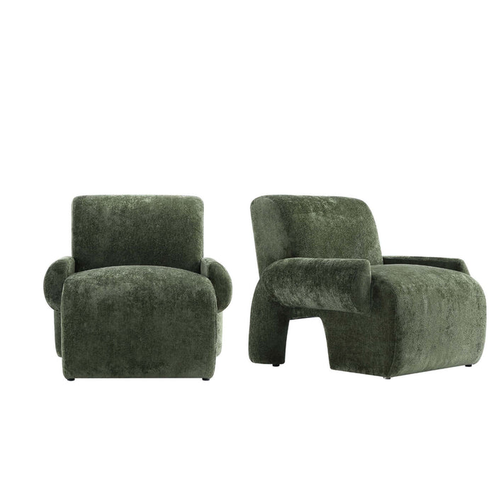 Fauteuil lounge en chenille vert olive Verandah style mid-century moderne - Lot de 2