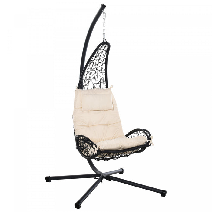 Fauteuil suspendu en osier d'exterieur pour terrasse avec support, balancelle-hamac avec coussin et oreiller