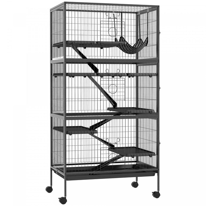 Pawhut Cage Roulante A 6 Niveaux Pour Petits Animaux, Cage Pour Cochon D'inde, Furet, Chinchilla, Chaton, Lapin, Petite Maison De Jeu Pour Animaux De Compagnie Avec Hamac, Plateau Amovible, Gris Fonce