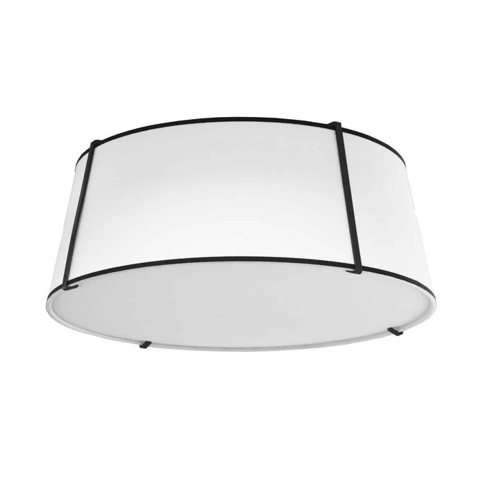 Plafonnier affleuré Trapezoid de Dainolite avec abat-jour cylindrique effilé noir et blanc qui diffuse la lumière, tissu blanc et 4 ampoules