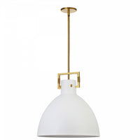 Luminaire suspendu de Dainolite avec abat-jour en métal blanc mat, fini laiton vieilli et 1 ampoule incandescente